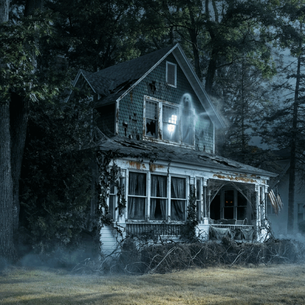 Animation of an old haunted house transforming into a bright brand new home