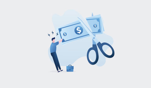 graphic of a nervous person holding a giant dollar being cut in half by giant scissors