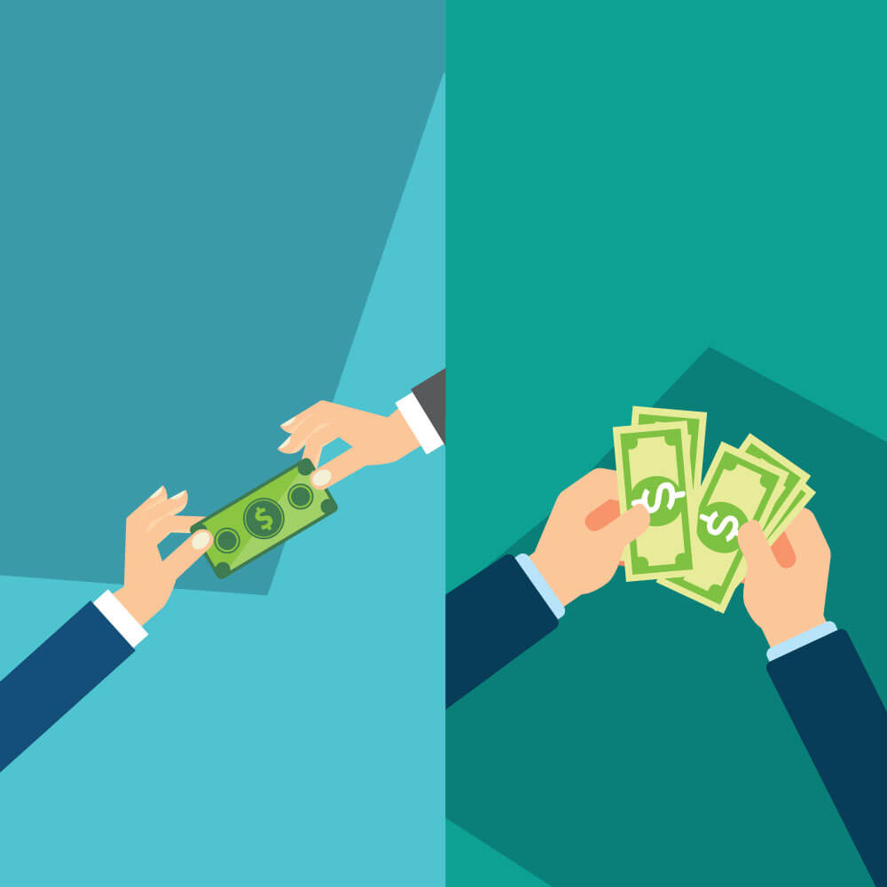 person handing over money to pay off debt