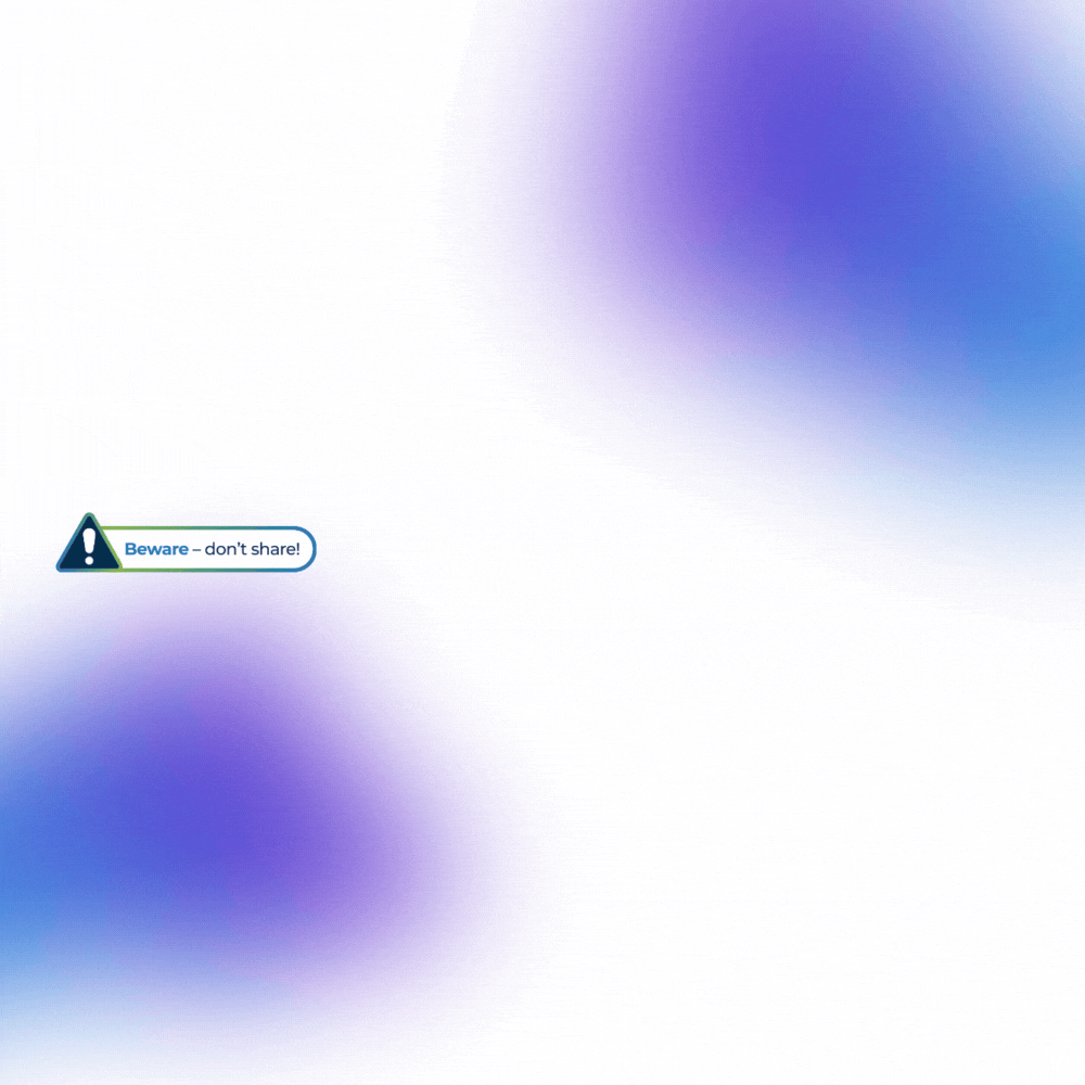 animation of password security icons with an alert saying "beware - don't share!"