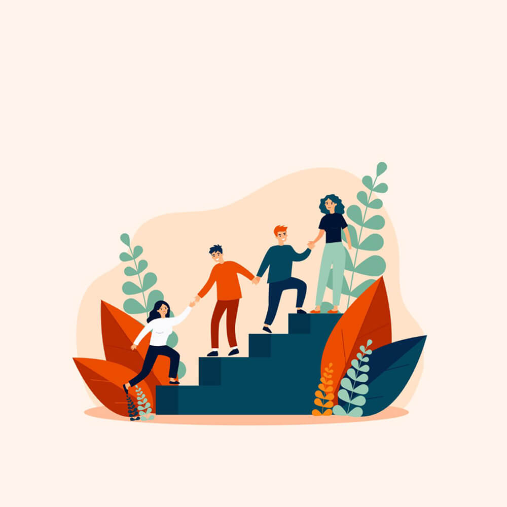 graphic of teens helping each other up stairs