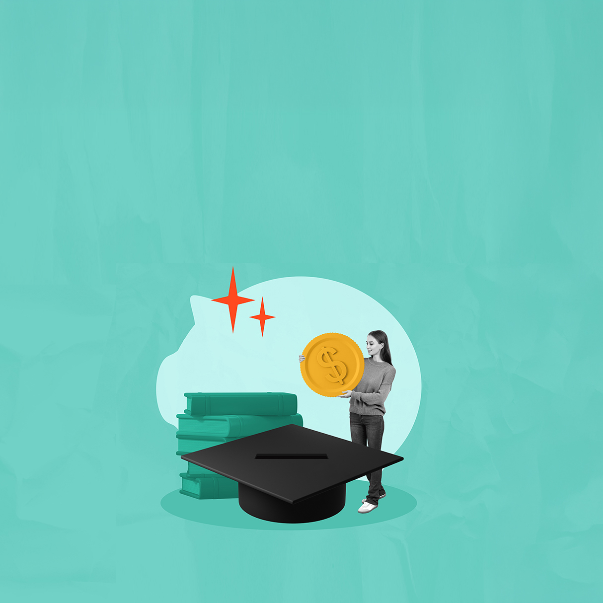 graphic of a high school girl holding a large coin standing by a grad cap and a stack of books