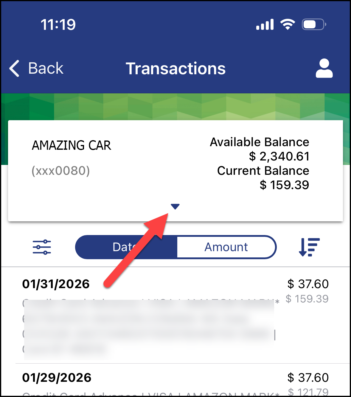 Select Down Arrow to Expand Top Menu