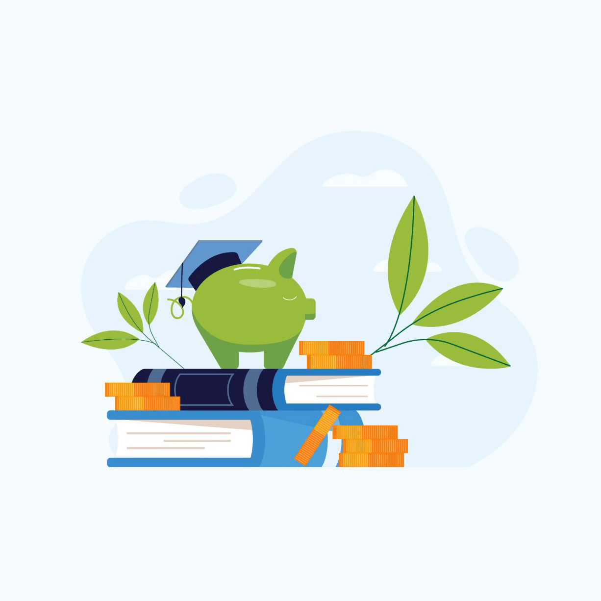 graphic of a piggy bank wearing a grad cap standing on a stack of books