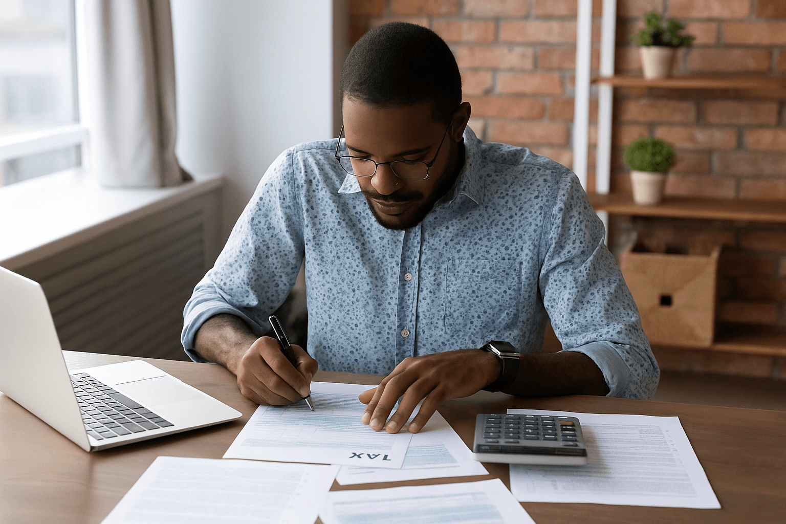 man at his desk looking at tax documents