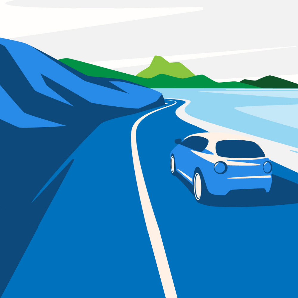 graphic of a car driving on a mountainside highway next to a lake