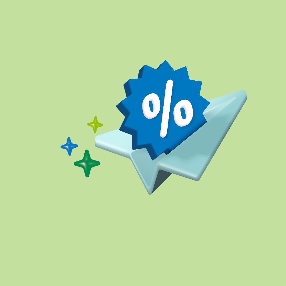 graphic of a paper airplane with a large percent symbol on top