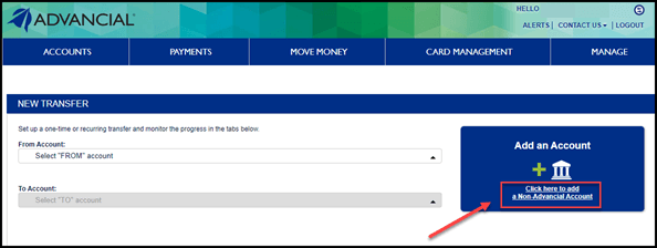 Screenshot with a red arrow pointing to the "Add a Non-Advancial Account" button