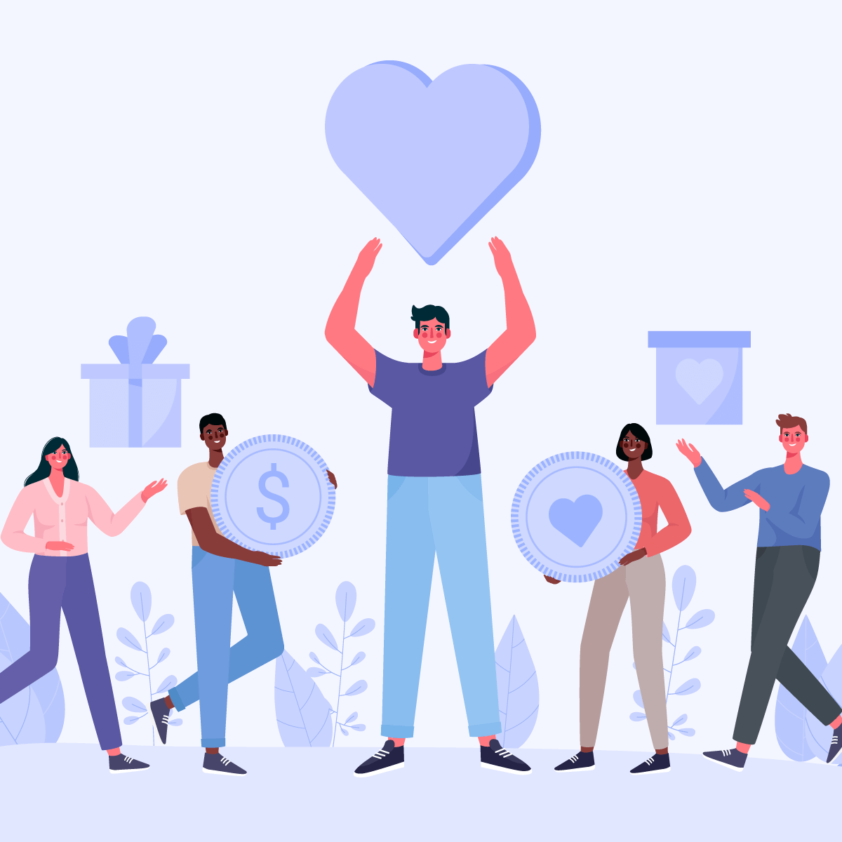 graphic of a group of people raising hearts in the air