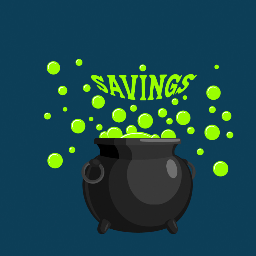 Witch cauldron with bubbles spelling out "savings"