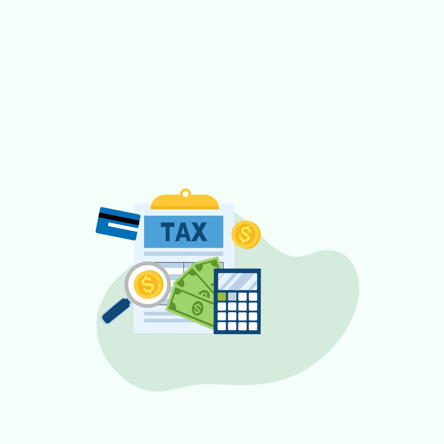 graphic of a calculator, credit card, money, and a clipboard with tax documents