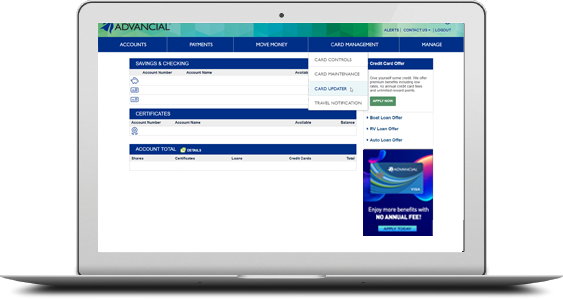 computer screen showing how to access card updater in cuanywhere online banking