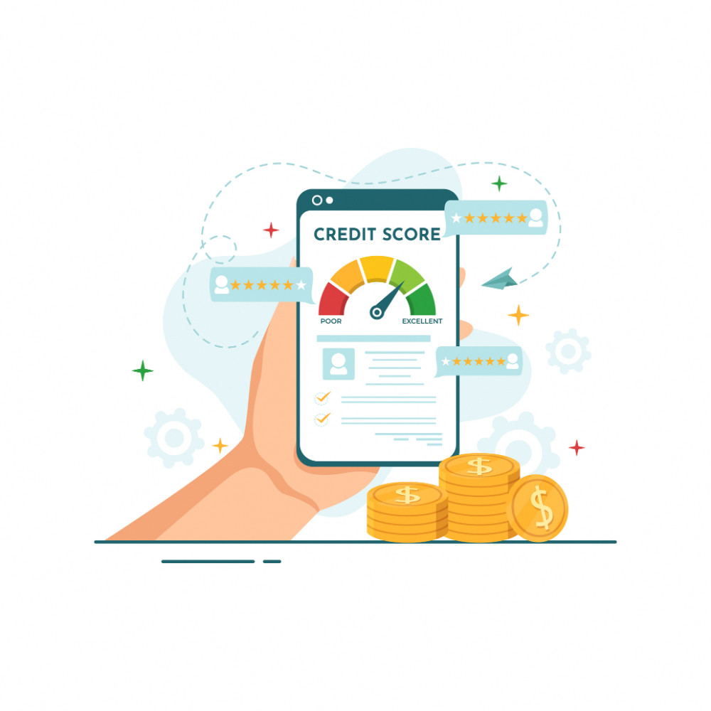 graphic of a person checking their credit score on their mobile phone 