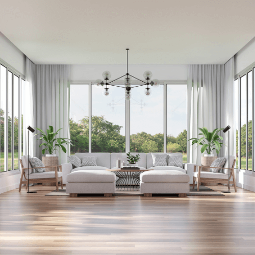 modern living room with floor to ceiling windows