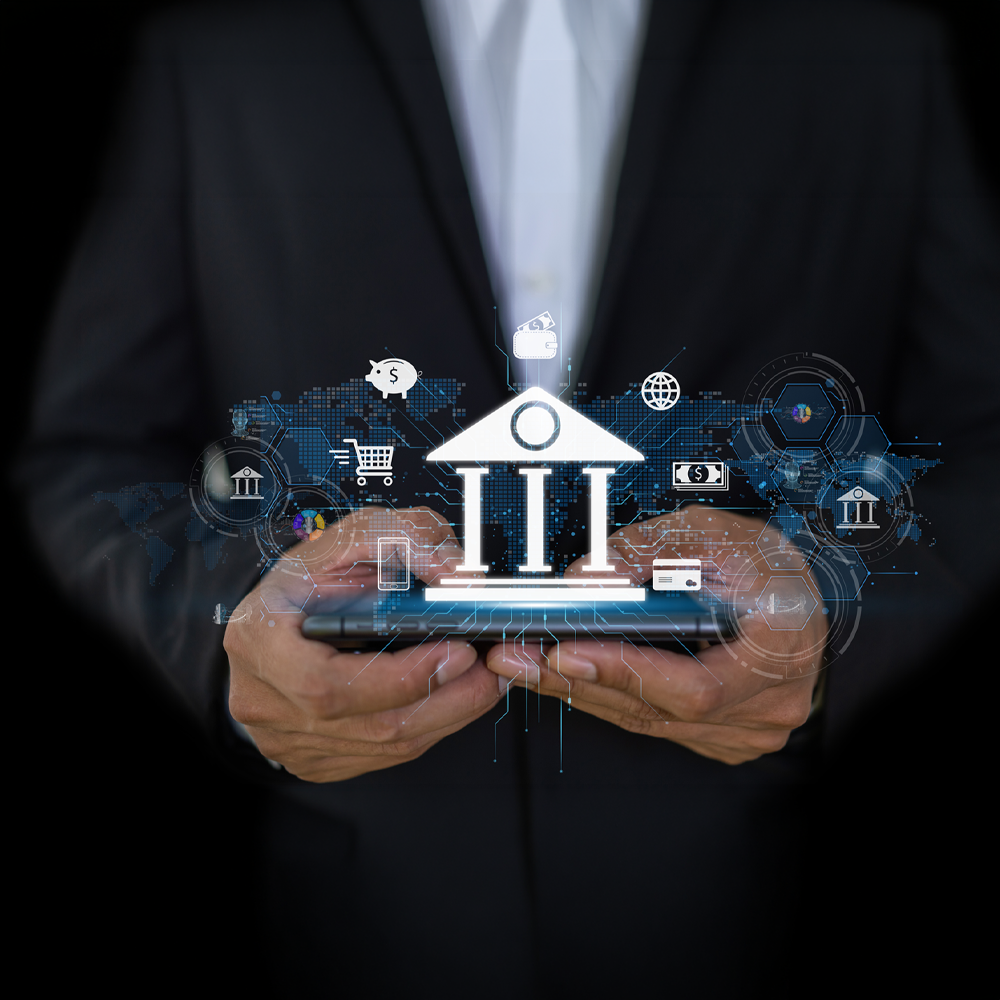 graphic of a person holding a digital bank