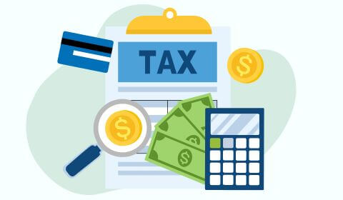 graphic of a calculator, credit card, money, and a clipboard with tax documents
