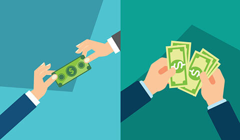 person handing over money to pay off debt