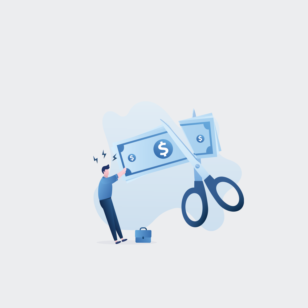 graphic of a nervous person holding a giant dollar being cut in half by giant scissors