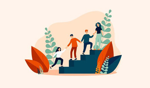 graphic of teens helping each other up stairs