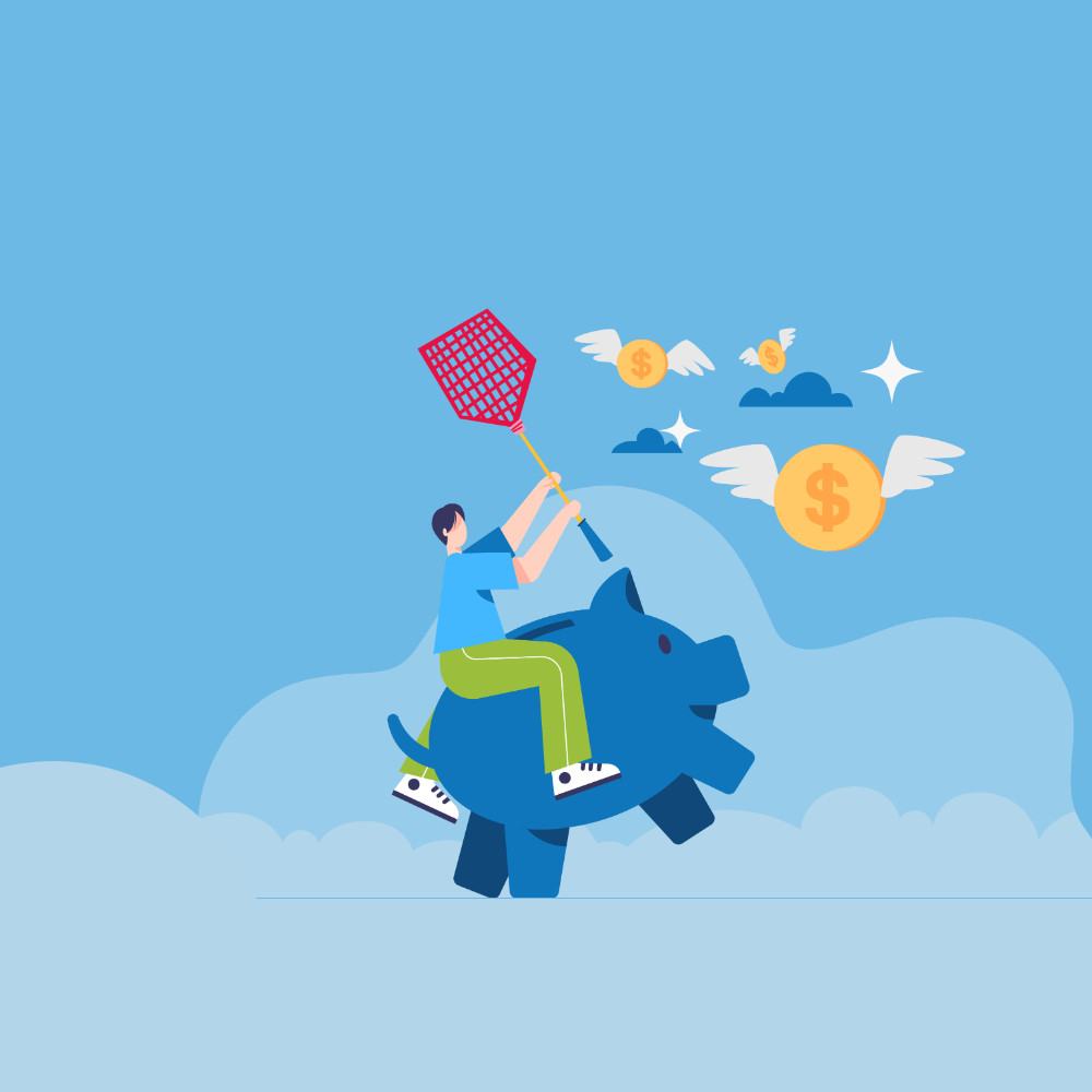 graphic of a man on a flying piggy bank swatting away flying fee coins