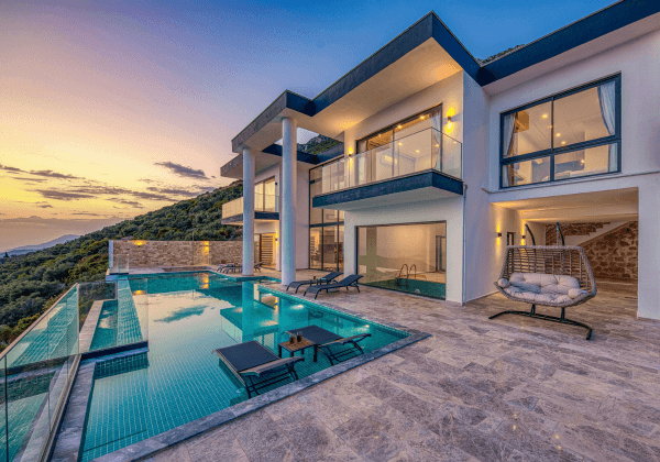 luxury modern villa with an infinity pool at sunset