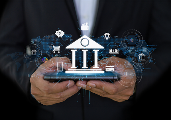 graphic of a person holding a digital bank