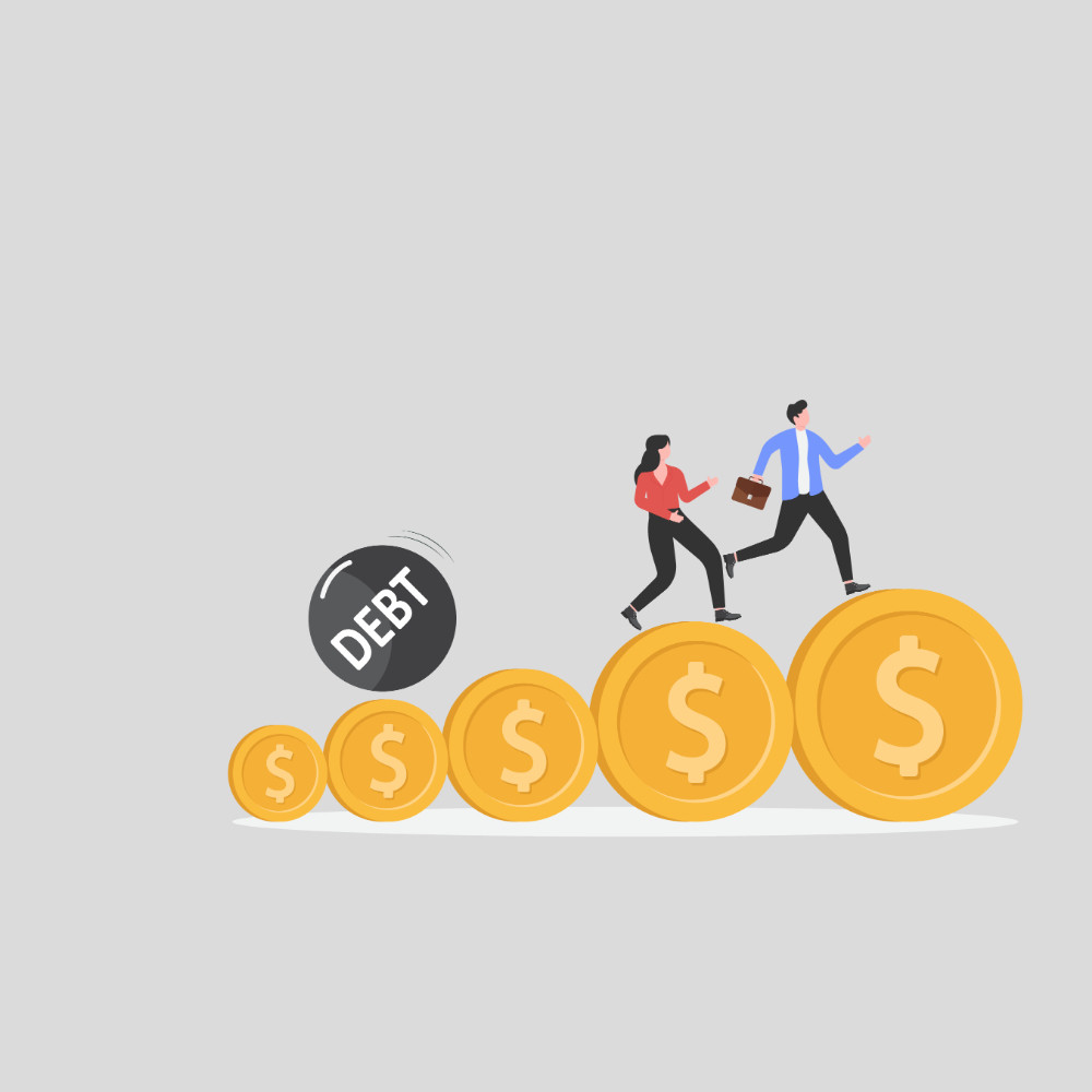 graphic of a man and woman running away from debt
