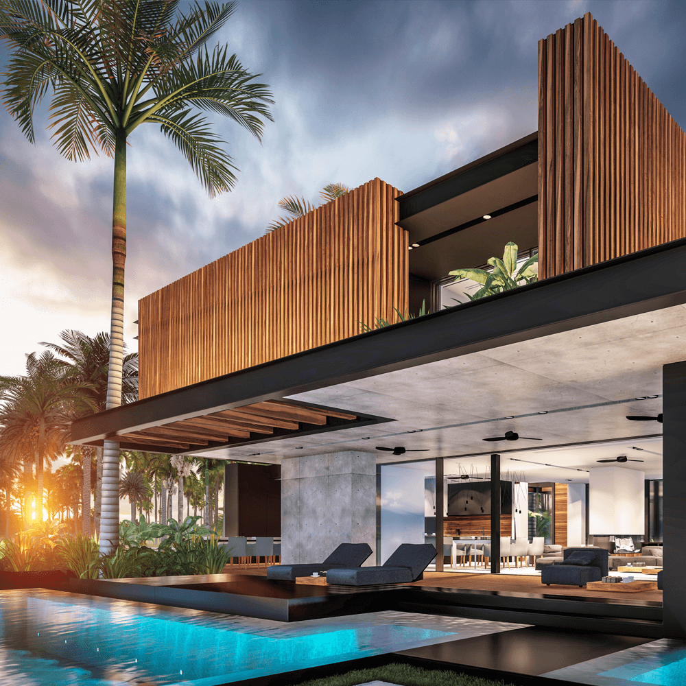 modern luxury home with a pool and palm trees in the evening