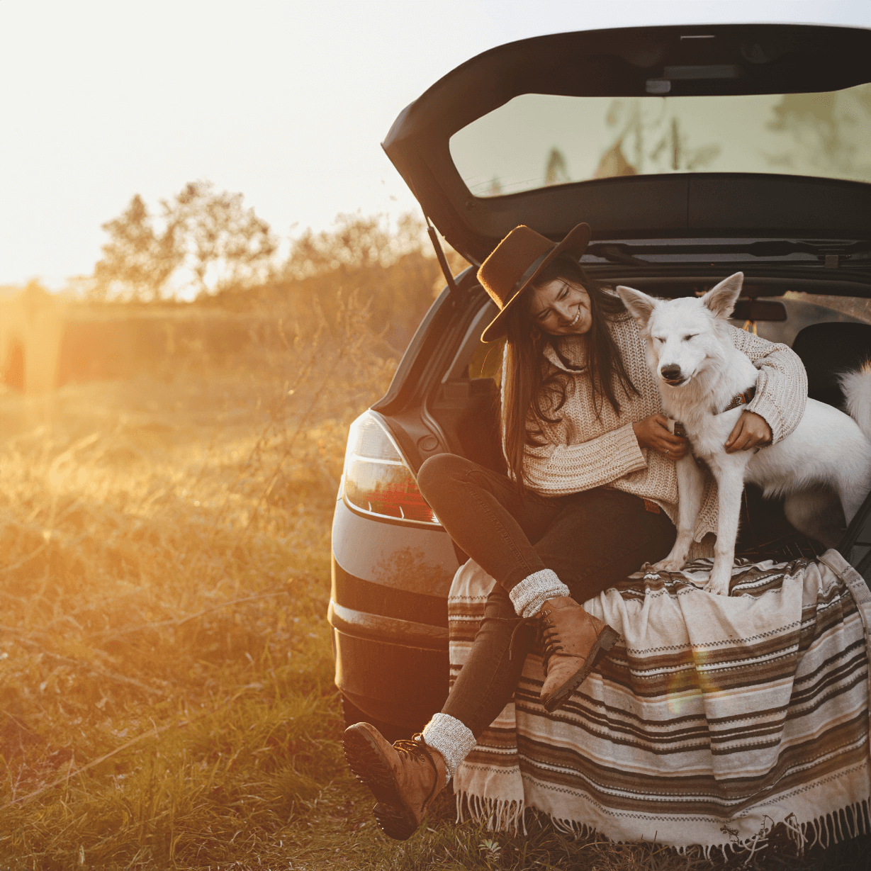 young woman and petting her dog in the trunk of her car watching the sunset