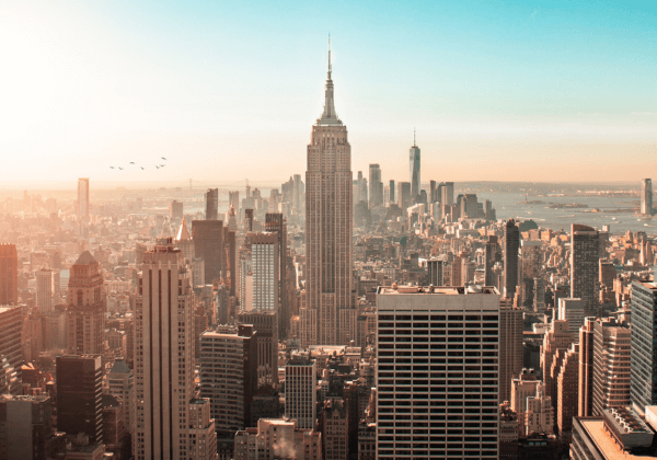 new york city skyline at dawn
