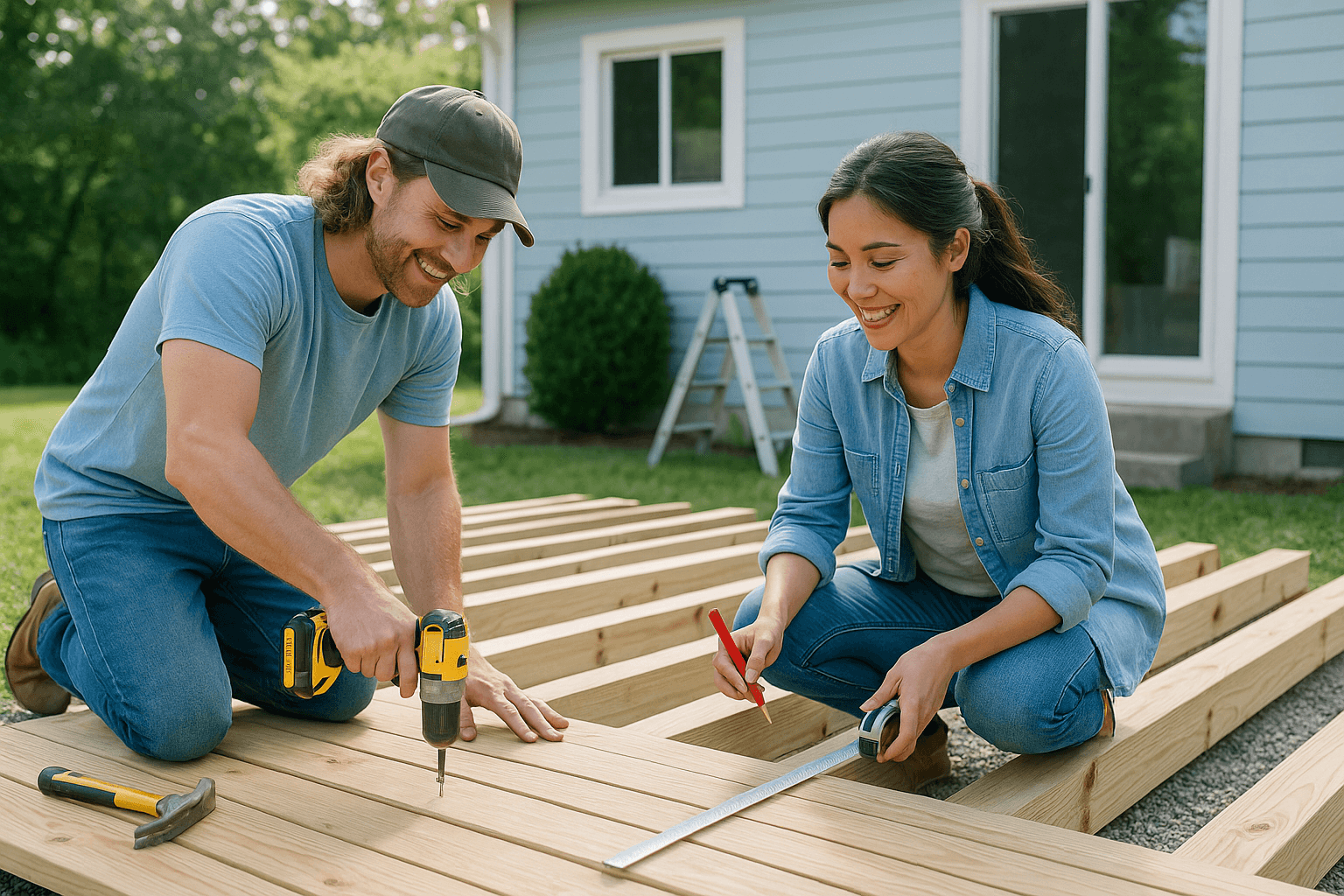 diverse couple building a backyard deck