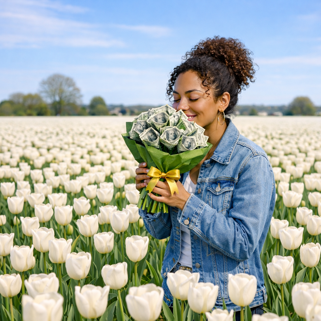 a happy woman smelling a money bouquet walking through a field of Spring flowers