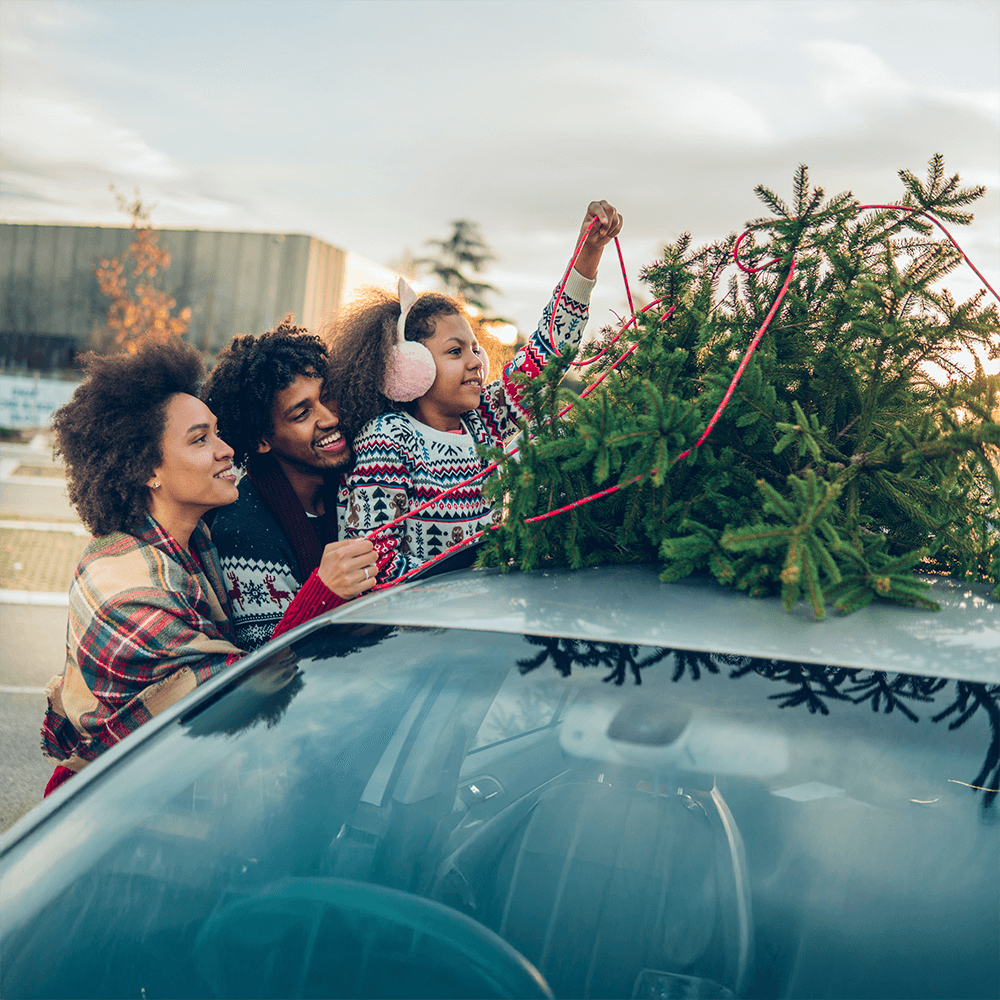 happy family tying the christmas tree to the top of their car